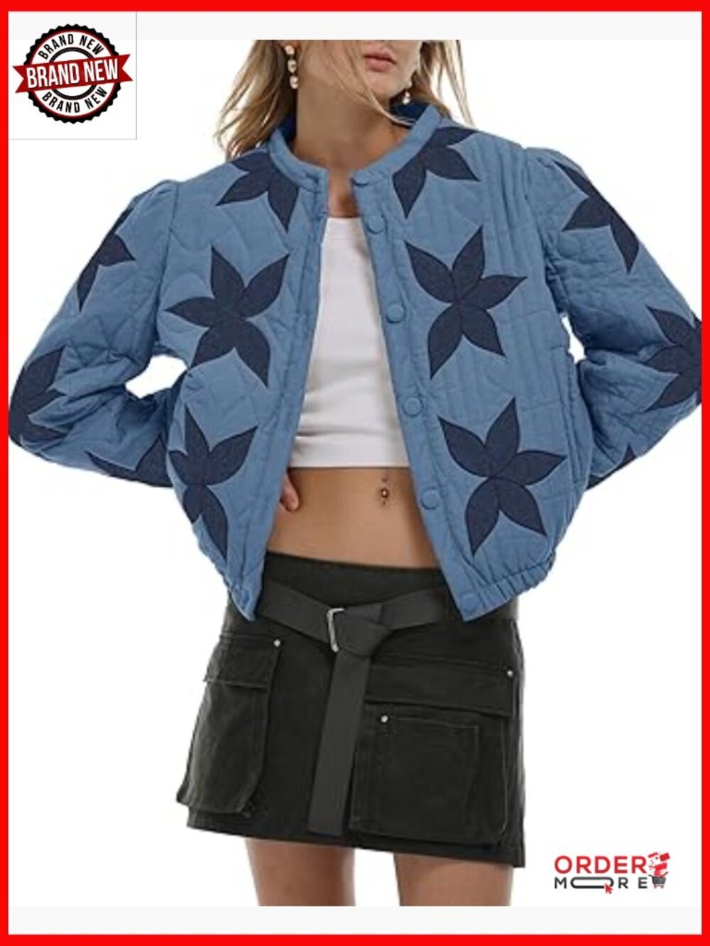 Lightweight Floral Embroidered Cropped Quilted Jacket Winter Warm Button Down